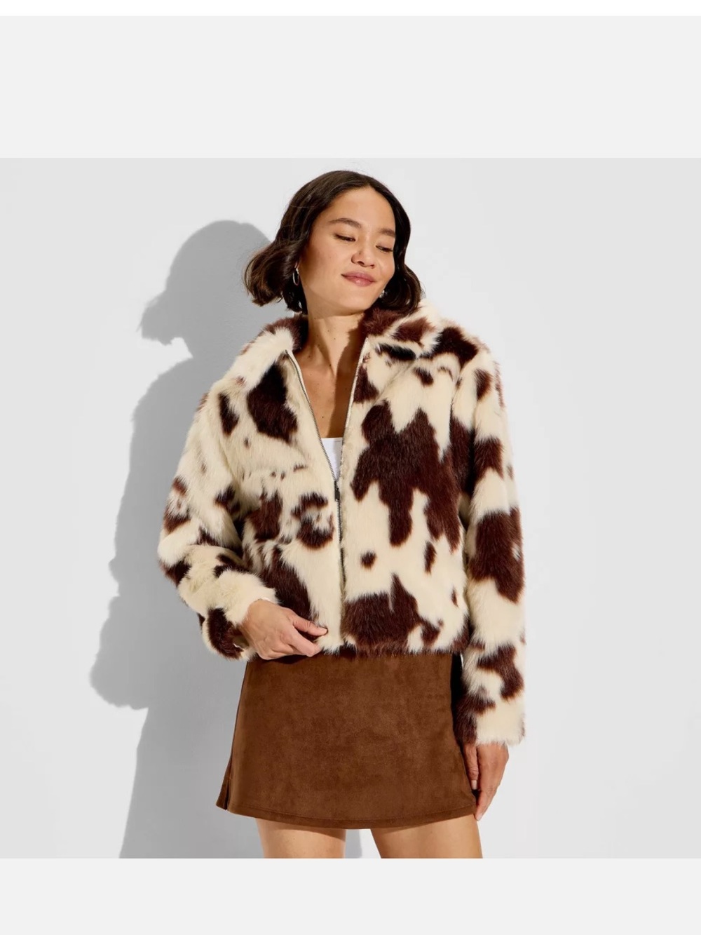 NWT Wild Fable Faux Fur Cow-Print Jacket - Cream & Brown
